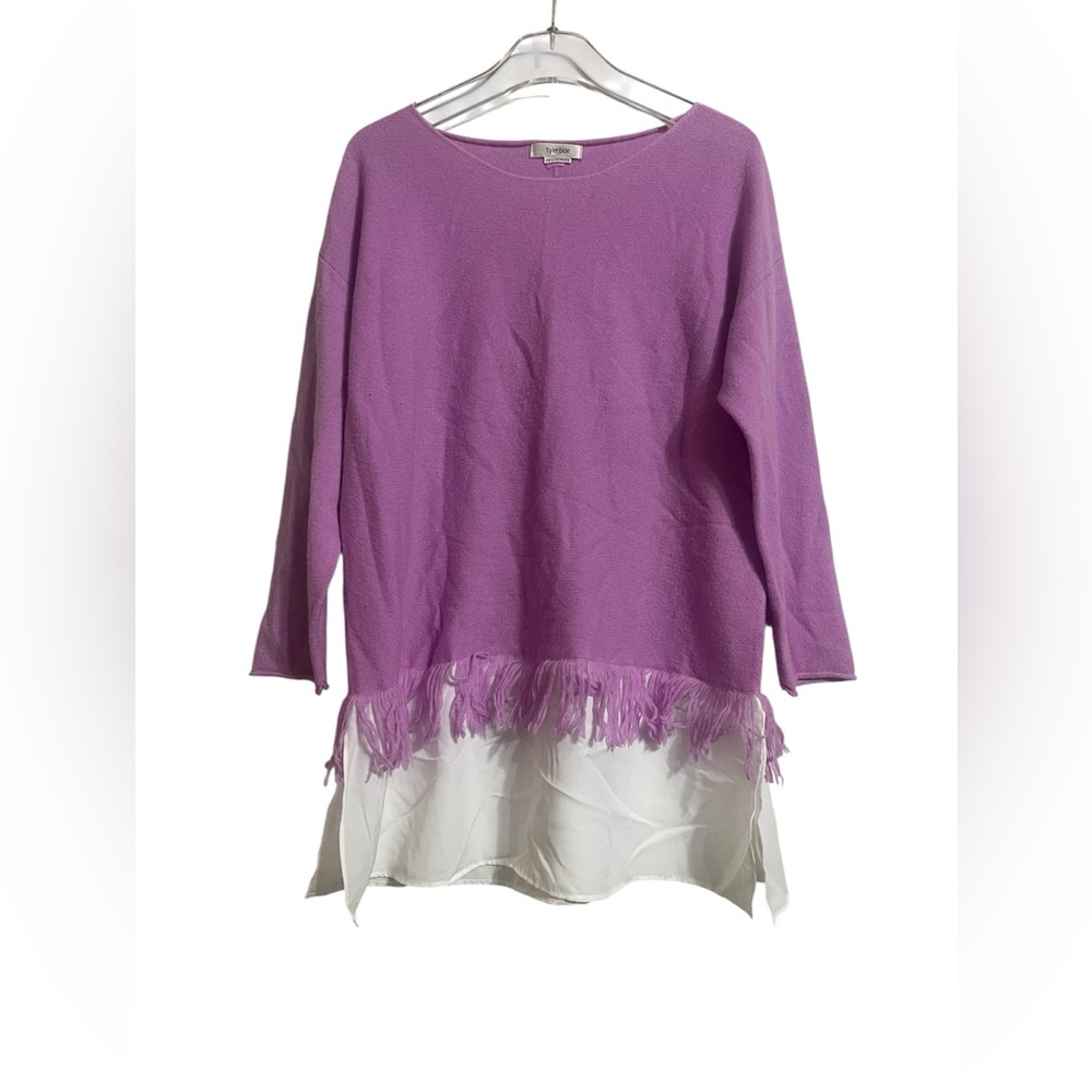 Tyler Boe Cashmere Purple and White Fringe Layered Sweater
